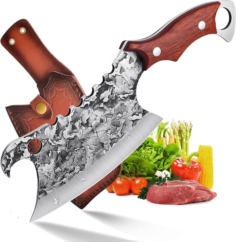 ROCOCO Hand Forged Meat Cleaver Sharp Butcher Knife for Meat Cutting Vegetable Cleaver with Sheath for Home Kitchen Outdoor Camping BBQ Father Mother Gift Idea Men - Image 1